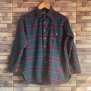 Pendleton Vintage 60s Green Flannel Plaid Suede Leather Elbow Shirt XL